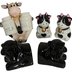 Lot 3 Cow Cattle Ceramic Salt Pepper Shakers Vintage Milk Jugs Sitting Bull Ends